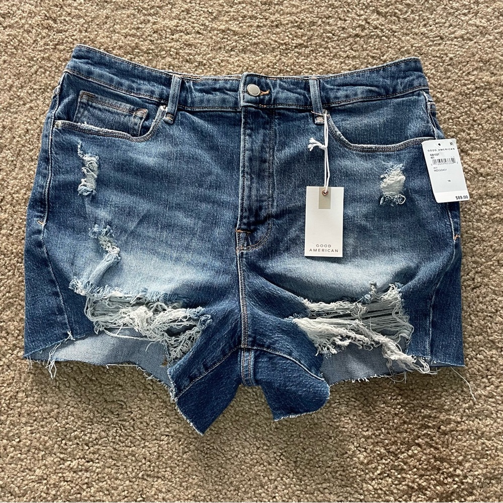NWT Good American Bombshell High-Waist Distressed Shorts In Indigo Size 14/32